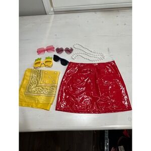 Red Vinyl Mini Skirt with Accessories - Sunglasses, Necklace, Bandana - M